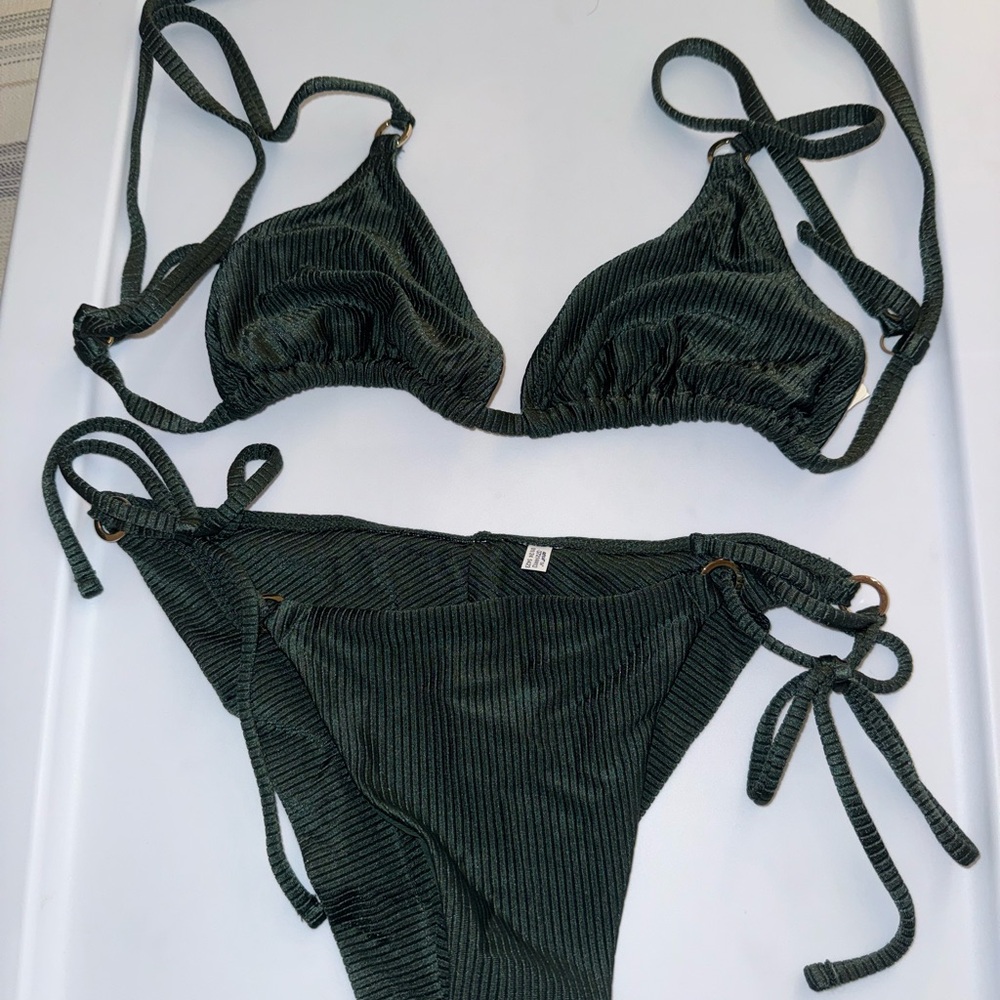aerie Dark Green Ribbed Tie-Side Bikini Medium/Large